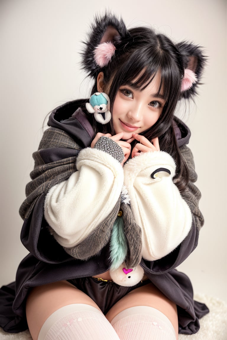 A kemono girl with a whimsical design! The scene is set in a pastel-colored, star-studded fancy candy shop. The subject, with a fanged smile and button nose, stands amidst swirling clouds of sugar and spice. Her fluffy fur-covered body, adorned with a heart-shaped face, sports large bat wings that seem to sprout from her back like a majestic cloak. Her paw-like hands and feet grasp oversized hoodie strings, which feature wing holes, adding an extra layer of whimsy. Thigh-high socks and sparkly effects complete the digital art style. The kemono girl's big expressive eyes, with star-shaped pupils, shine bright as she gazes out at the viewer, her blush cheeks and chibi proportions making her appear even more endearing.