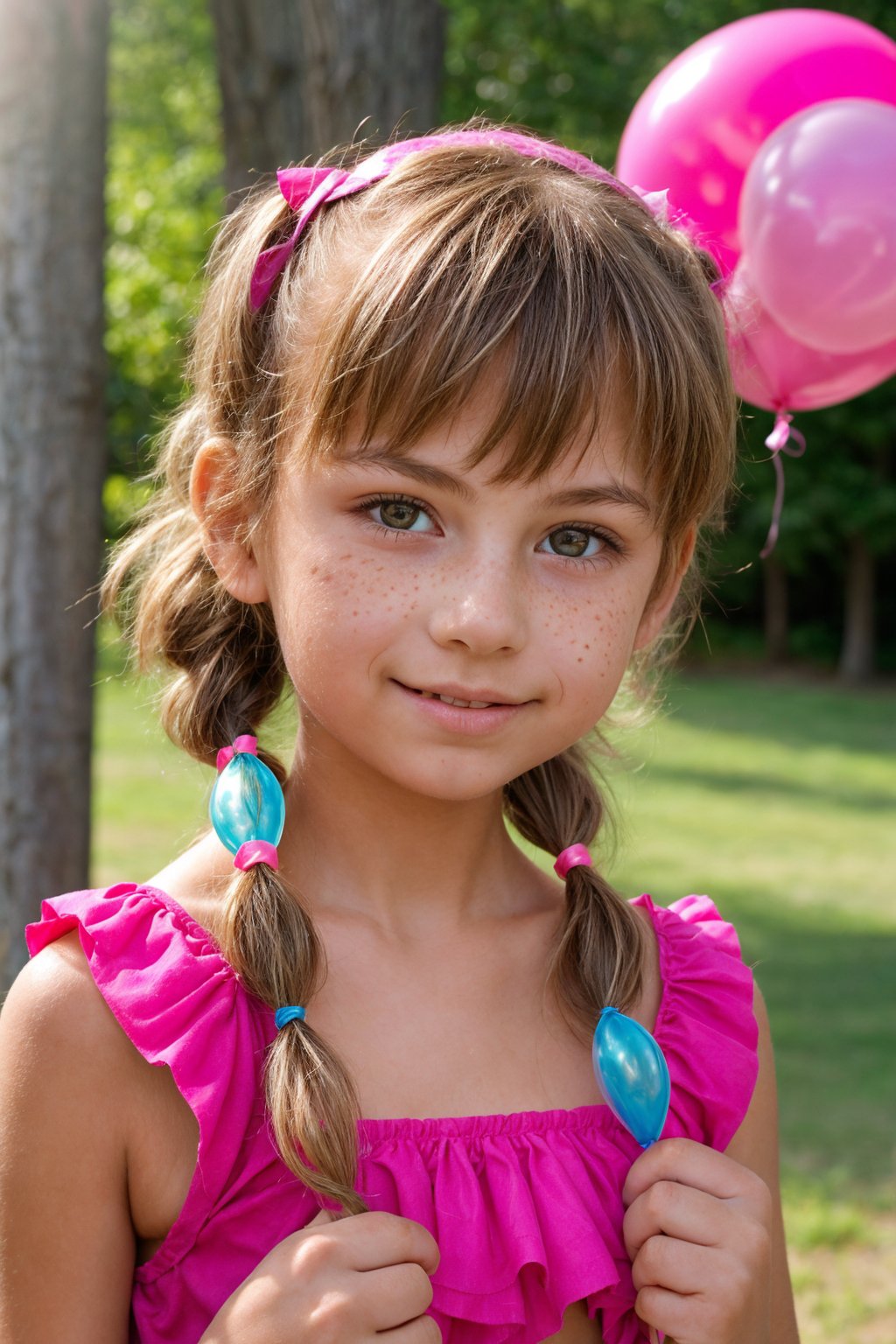 A youthful 11-year-old girl exudes innocent charm while wearing a bright pink tutu and a sparkly tiara, her pigtails tied in matching pink scrunchies. She poses playfully against a backdrop of colorful balloons and crepe paper streamers, the warm sunlight casting a gentle glow on her freckled nose.