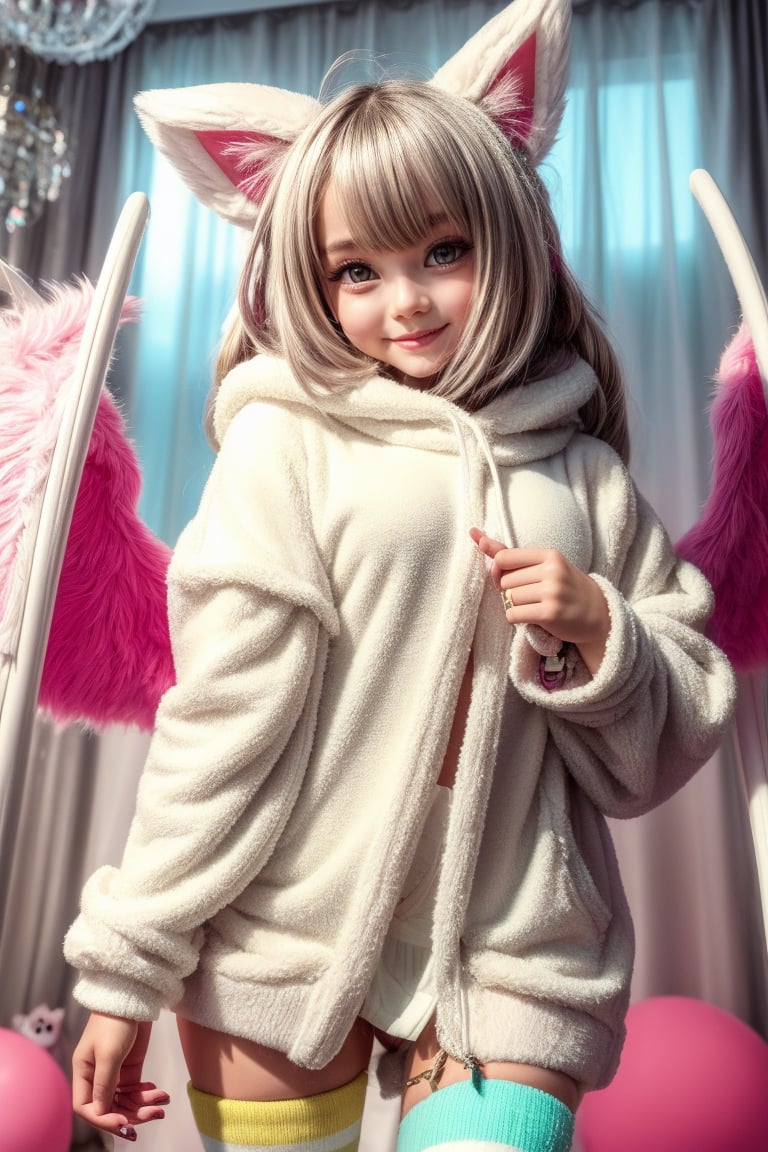 A kemono girl with a whimsical design! The scene is set in a pastel-colored, star-studded fancy candy shop. The subject, with a fanged smile and button nose, stands amidst swirling clouds of sugar and spice. Her fluffy fur-covered body, adorned with a heart-shaped face, sports large bat wings that seem to sprout from her back like a majestic cloak. Her paw-like hands and feet grasp oversized hoodie strings, which feature wing holes, adding an extra layer of whimsy. Thigh-high socks and sparkly effects complete the digital art style. The kemono girl's big expressive eyes, with star-shaped pupils, shine bright as she gazes out at the viewer, her blush cheeks and chibi proportions making her appear even more endearing.