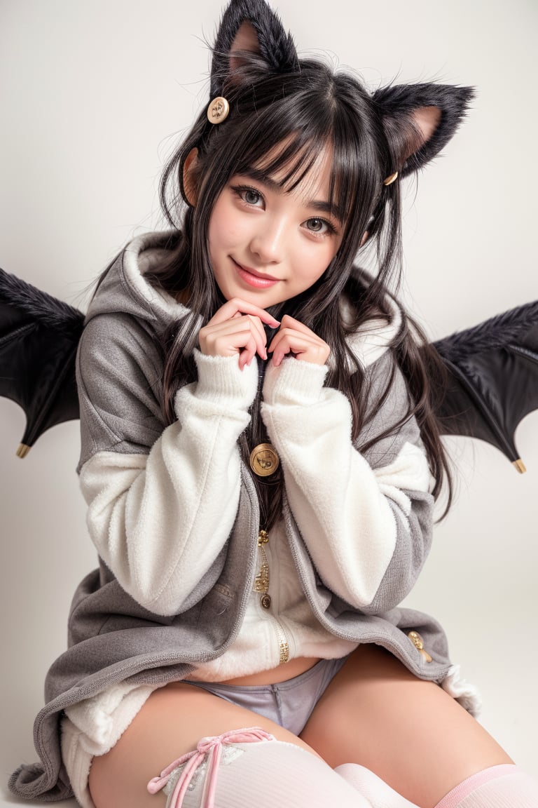 A kemono girl with a whimsical design! The scene is set in a pastel-colored, star-studded fancy candy shop. The subject, with a fanged smile and button nose, stands amidst swirling clouds of sugar and spice. Her fluffy fur-covered body, adorned with a heart-shaped face, sports large bat wings that seem to sprout from her back like a majestic cloak. Her paw-like hands and feet grasp oversized hoodie strings, which feature wing holes, adding an extra layer of whimsy. Thigh-high socks and sparkly effects complete the digital art style. The kemono girl's big expressive eyes, with star-shaped pupils, shine bright as she gazes out at the viewer, her blush cheeks and chibi proportions making her appear even more endearing.