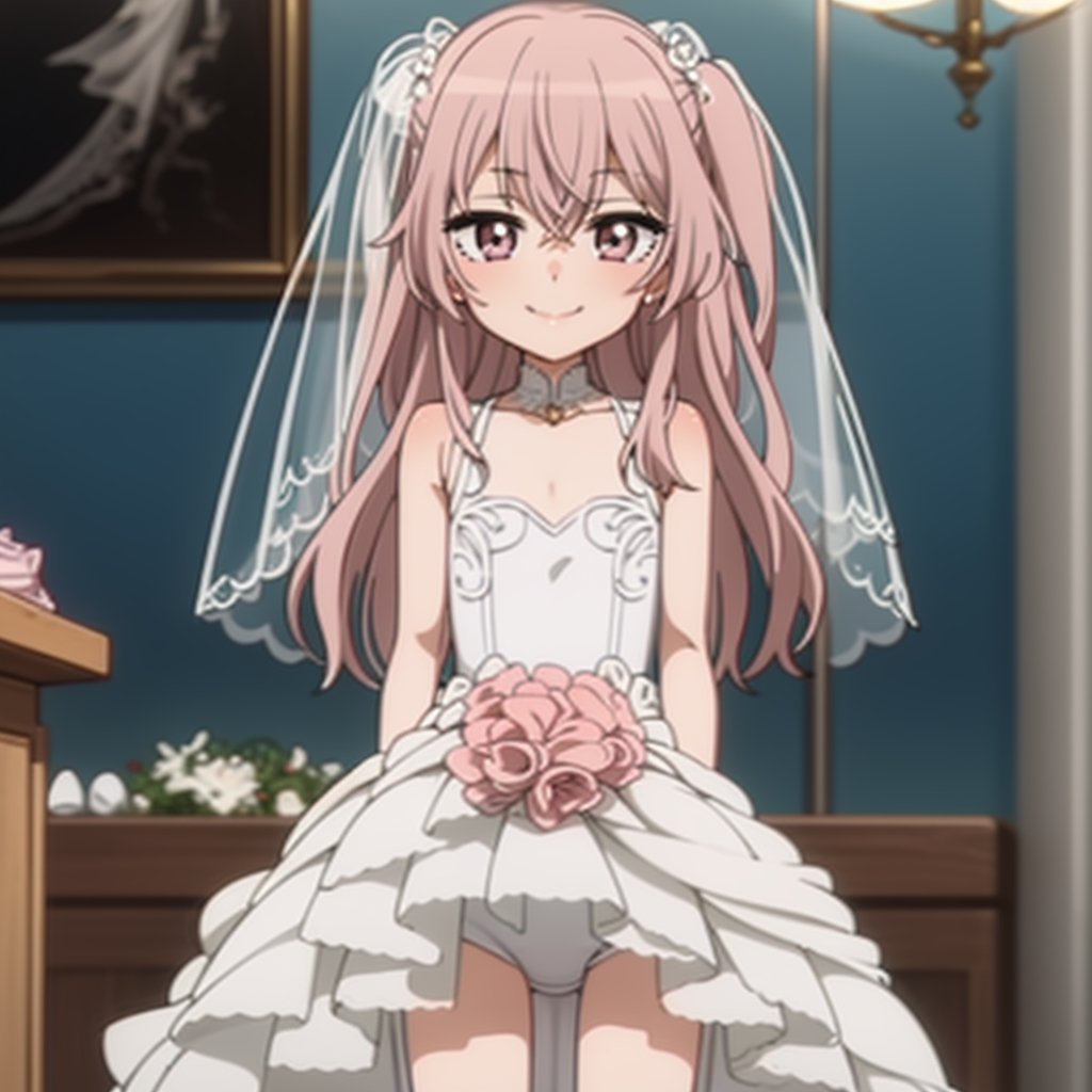(2000s style, anime screencap, cel shading, clean brush stroke, highly detailed, perfect anatomy, high-definition picture), church background, 1girl (solo female:1.5), ((bride's veil)), toddler girl, preschooler, infant, age down, immature body (flat chest:1.5), half open eyes, smile, skinny arms, (((Wedding dress))), bouquets toss, small ass, diaper, ,inui sajuna juju,pink hair, pink eyes, long hair, two side up, 