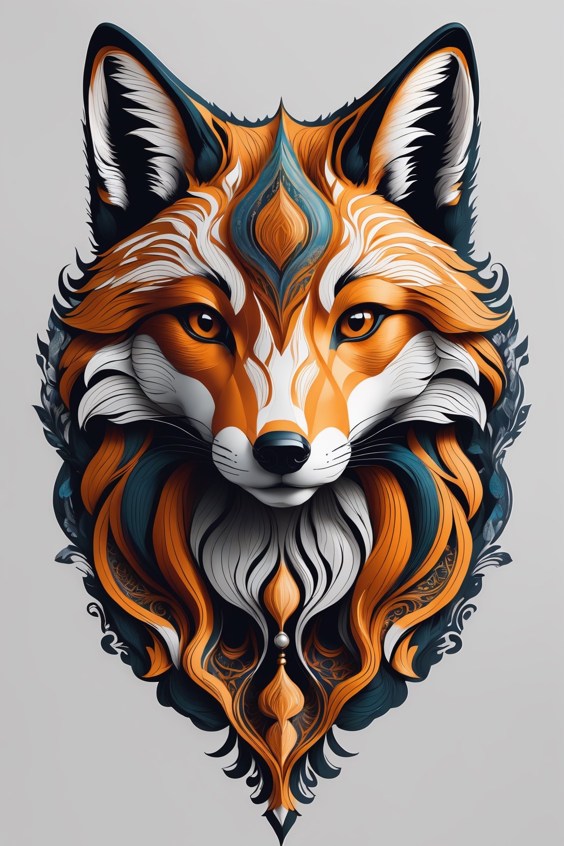 Intricate vector illustration design of a fox for t-shirt, 3-6-9 pattern. Elegant, sophisticated, intricate line work, ornate details, muted color scheme, subtle gradients. Art and mathematics fusion, hyper detailed, trending at artstation, sharp focus, studio photography, intricate detail, highly detailed, centered, perfect symmetrical, black color background