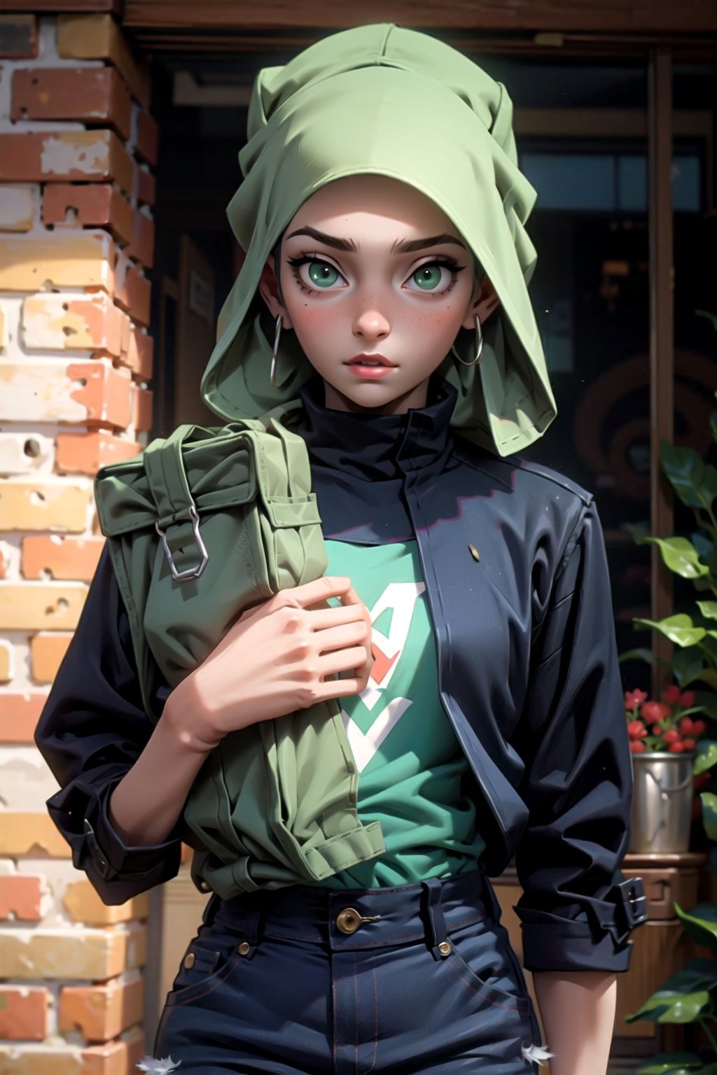 1_girl,green-eyes,hijab,green_hair,long shirt,blue_jeans,carrying_items