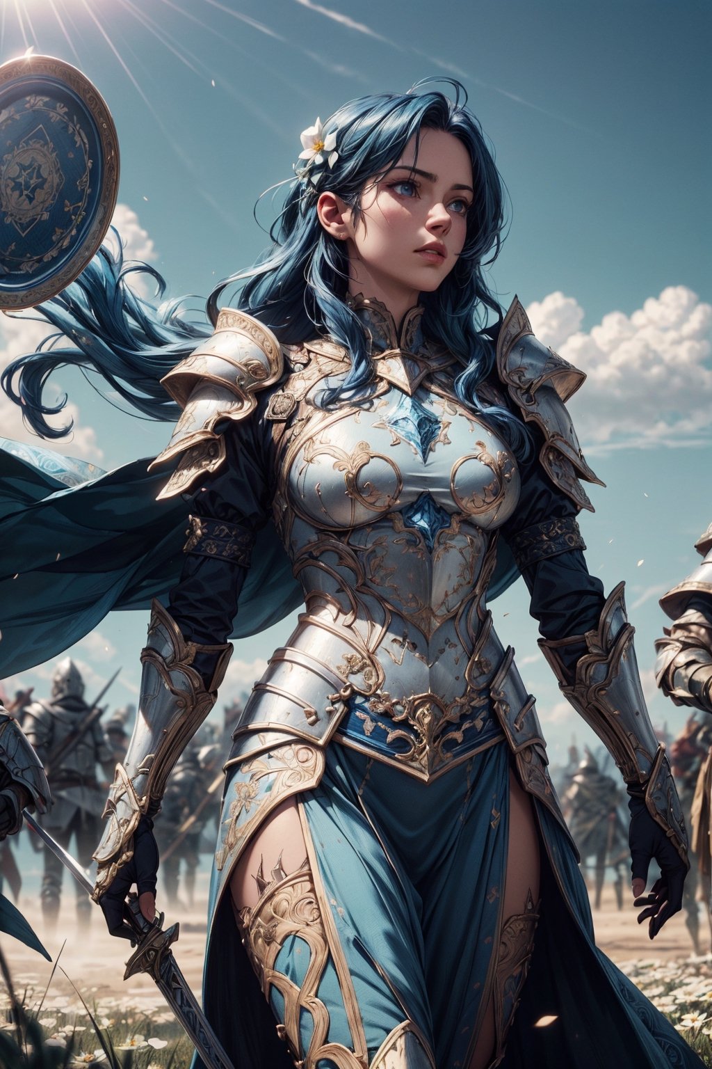 (4k), (masterpiece), (best quality),(extremely intricate), (realistic), (sharp focus), (cinematic lighting), (extremely detailed),

A girl knight in shiny white plate armor with cerulean blue embroideries, walking across a battlefield, her sword raised in defiance. The sun is shining through her flowing long blue hair giving the scene a slightly blue tint.

,flower4rmor, flower warrior armor,Flower
,matwaretech, scifi, blue hues
,stealthtech
,glyphtech