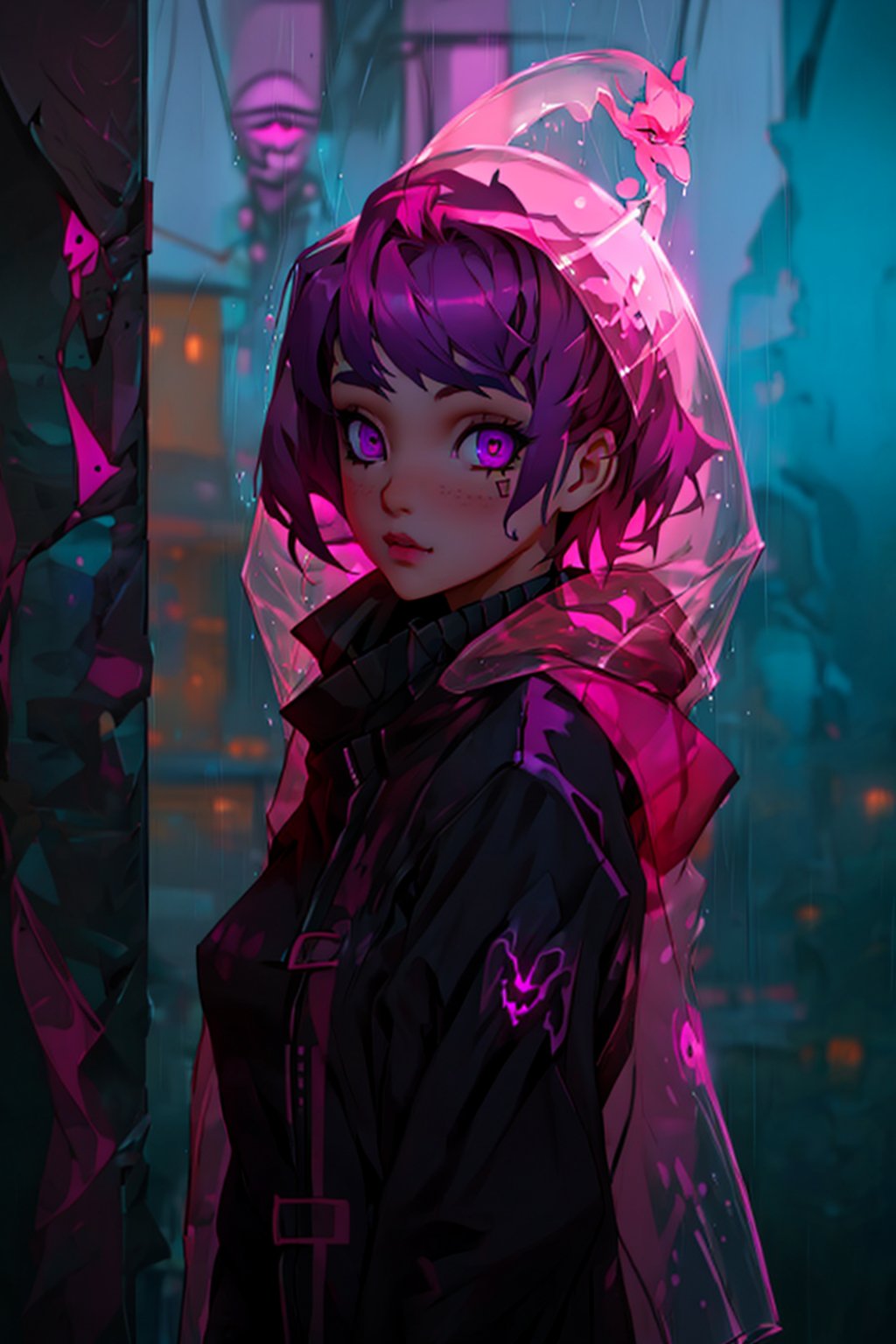 1girl,cute face,magenta_hair,glow_eyes,pink_eyes,transparent_raincoat,full_body,day