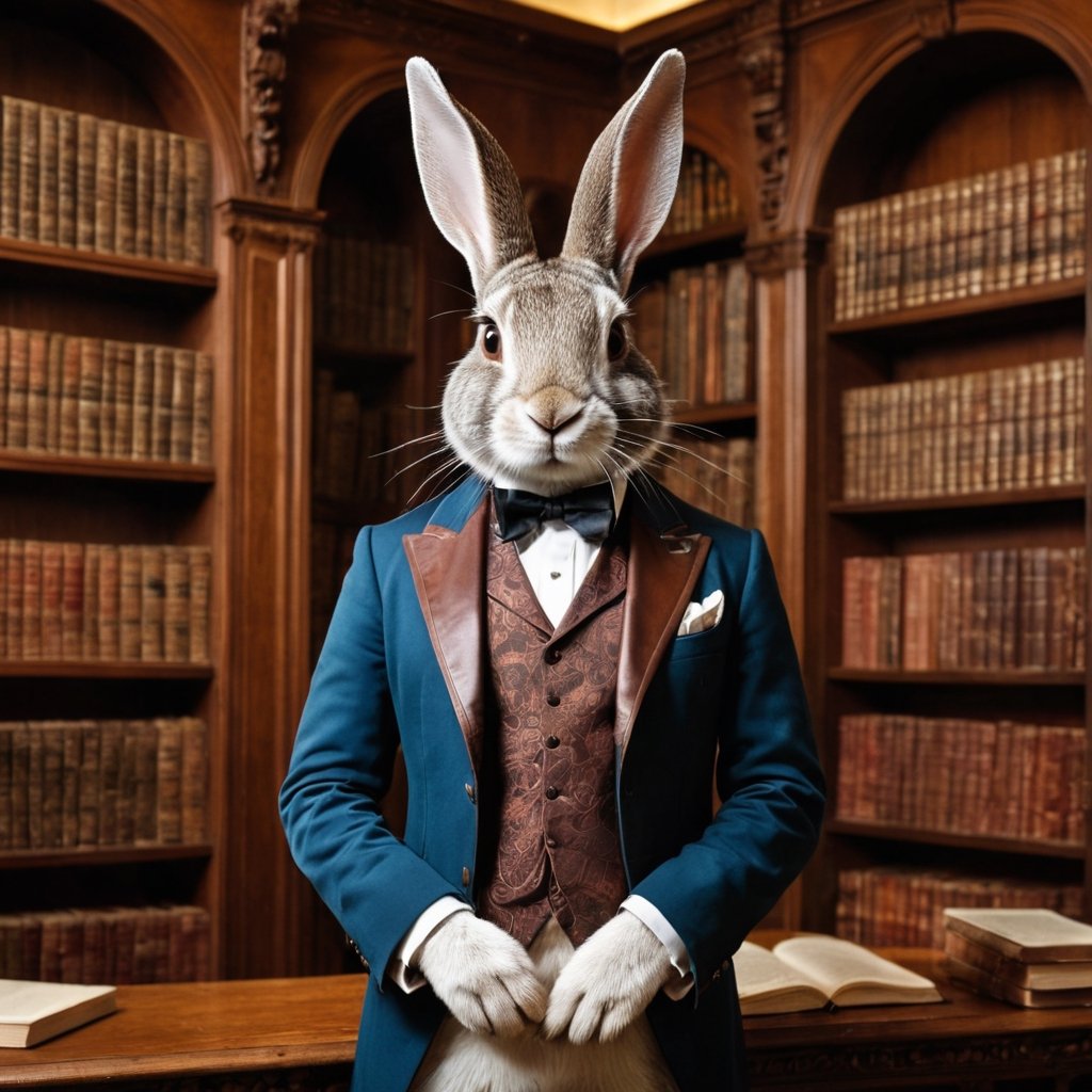 score_9, score_8_up, score_7_up, score_6_up, a photograph of a dapper rabbit in a victorian library wearing a 3-piece suit and staring directly at the camera, victorian aesthetic, intricate detail, mahogany shelves, wood panel walls, leather-bound books (steampunk:0.34), stunning detail, fur_texture, sharp focus, high sharpness