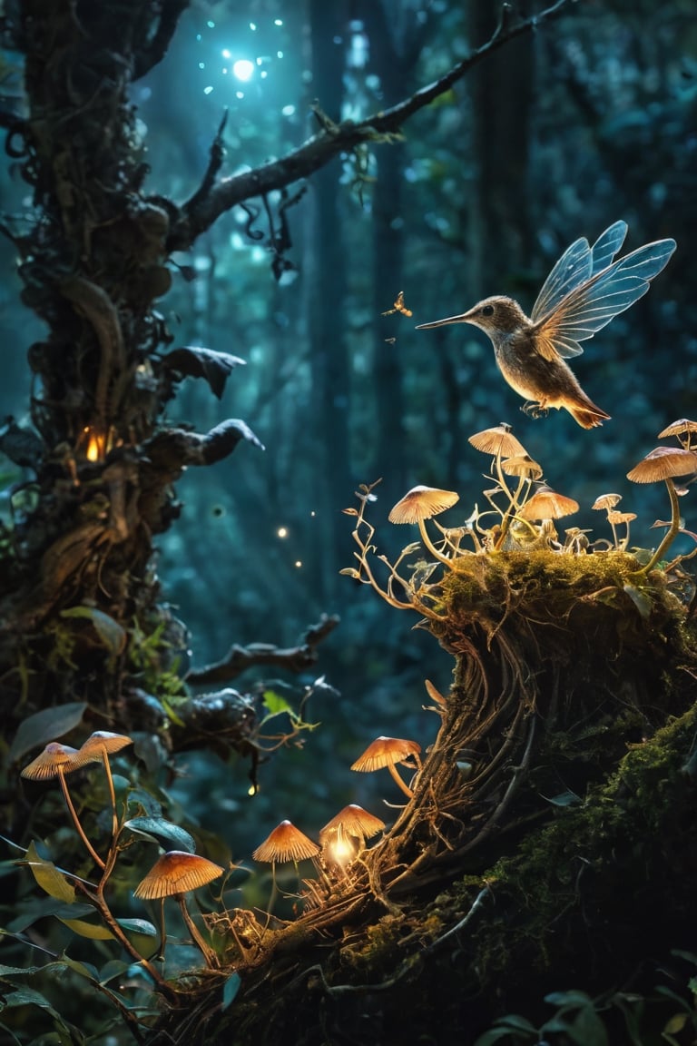 A clockwork hummingbird, its wings composed of delicate gears and springs, hovers near the fox's head, as if engaging in a secret conversation. Bioluminescent mushrooms and fireflies scattered throughout the scene add an otherworldly glow to the dense foliage and ancient, twisted trees. (Cinematic composition, shallow depth of field, HDR, 8K), (inspired by the whimsical and surreal styles of Brian Froud and Yoshitaka Amano:1.2), 