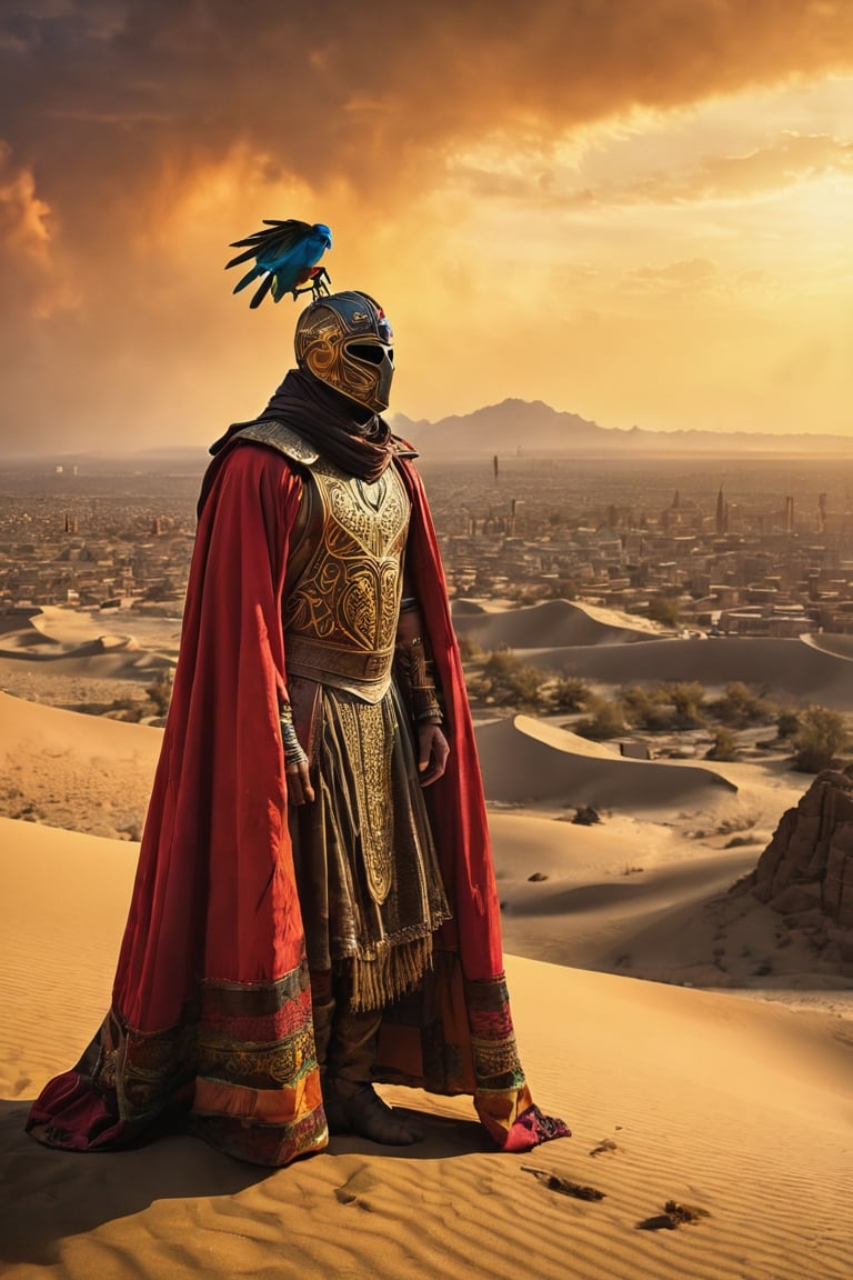 (Masterpiece, ultra-detailed, award-winning cinematography), a surreal and fantastical scene from the mind of a hospitalized stuntman, (golden hour lighting:1.3), (rich, vibrant color palette:1.4), (dreamlike and imaginative atmosphere:1.5). In the foreground, a brave masked bandit, adorned in an eclectic mix of cultural attire, stands atop a towering, windswept sand dune. His flowing cape, a patchwork of intricate patterns and bold hues, billows in the warm, desert breeze. In the distance, an otherworldly cityscape emerges from the shimmering heat haze, its architecture a stunning fusion of ancient temples, art deco skyscrapers, and impossible, gravity-defying structures. Exotic animals, such as an elephant adorned with jewel-encrusted armor and a majestic, rainbow-feathered phoenix, traverse the sprawling, mythical landscape. (Wide-angle composition, deep depth of field, HDR, 8K), (inspired by the visionary works of Tarsem Singh and Eyvind Earle:1.3), 