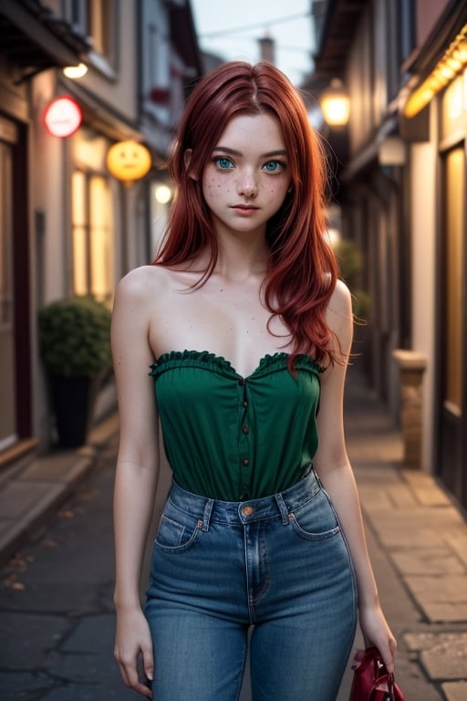 a 16 years old, irish girl, (((16yo))), (((bautiful))), ((lolicon)), beatiful,1girl,  girl, a 16 yeras old Teen Girl, Thin, short, medium breasts, mole next to the left nipple, (((red hair))), (((green eyes))), freckles on the nose. clear skin. Shy, introverted, lover of nature and animals. Dress in a natural and comfortable style, with strapless blouse, jeans, street, blurry background (totale dark background), 1girl, masterpiece, best quality, high resolution, 8K, HDR, bloom, raytracing, detailed shadows, bokeh, depth of field, film photography, film grain, glare, (wind:0.8), detailed hair, beautiful face, beautiful girl, ultra detailed eyes, cinematic lighting, (hyperdetailed:1.15), , little_cute_girl, 1girl), little_cute_girl, 1girl, irish village on halloween. hallowen makeup,