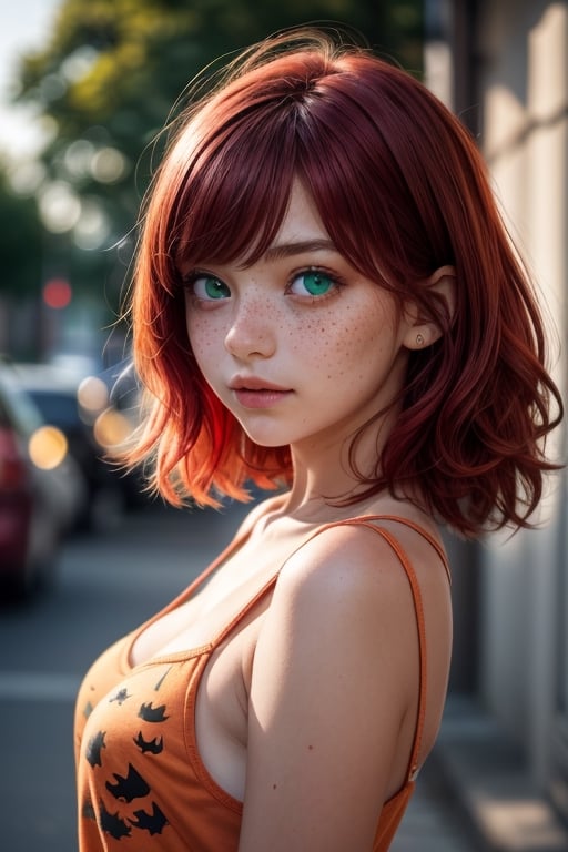 a 16 years old, irish girl, (((16yo))), (((bautiful))), ((lolicon)), beatiful,1girl,  girl, a 16 yeras old Teen Girl, Thin, short, medium breasts, mole next to the left nipple, (((red hair))), (((green eyes))), freckles on the nose. clear skin. Shy, introverted, lover of nature and animals. Dress in a natural and comfortable style, with t-shirts with nature prints, jeans, street, blurry background (totale dark background), 1girl, masterpiece, best quality, high resolution, 8K, HDR, bloom, raytracing, detailed shadows, bokeh, depth of field, film photography, film grain, glare, (wind:0.8), detailed hair, beautiful face, beautiful girl, ultra detailed eyes, cinematic lighting, (hyperdetailed:1.15), , little_cute_girl, 1girl), little_cute_girl, 1girl, irish village on halloween. hallowen makeup,