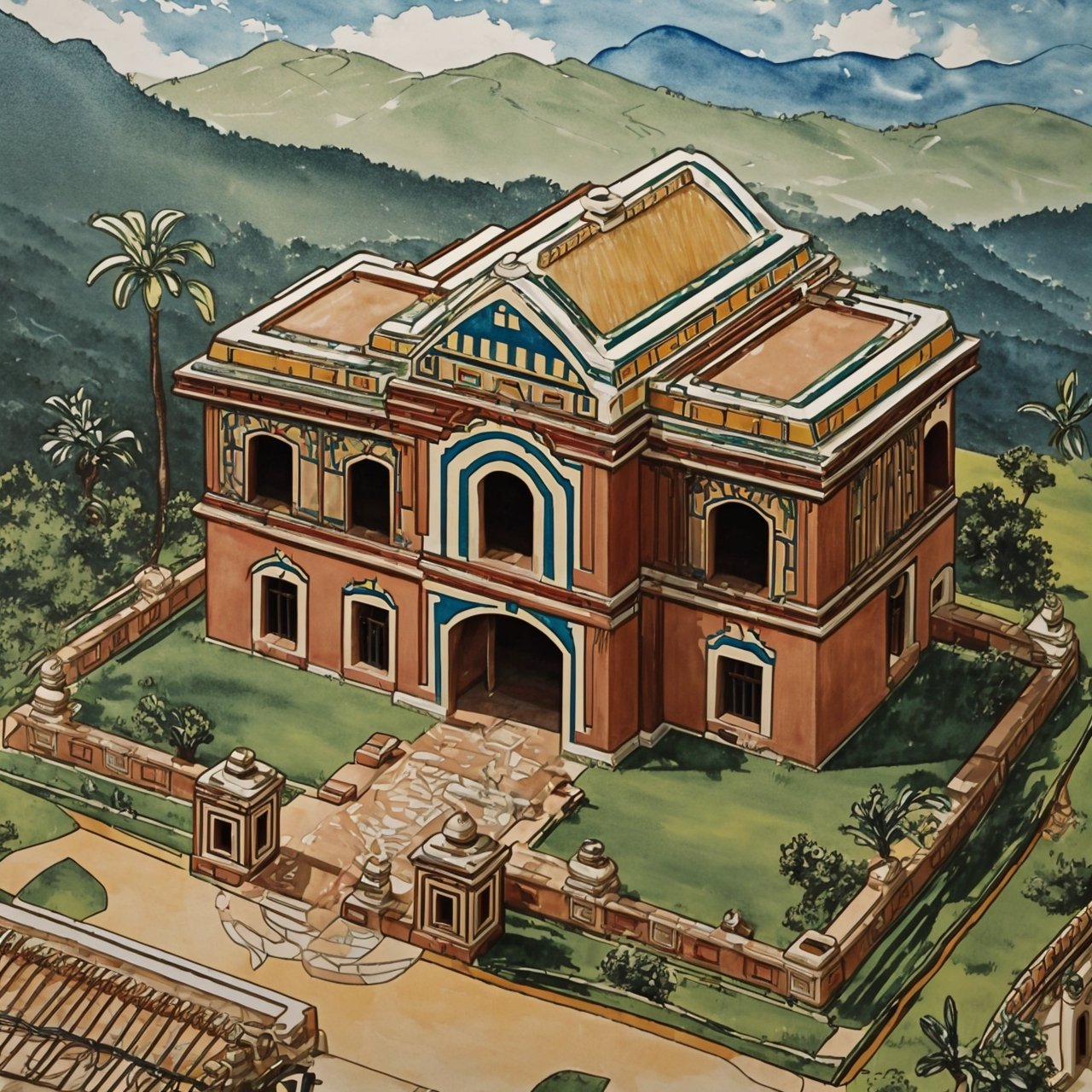 masterpiece,(best quality:1.3),beautiful lightning, vibrant colour, ((isometric view)), grass land, mansion, old Spanish hacienda, old mexican hacienda, crude watercolour painting,  big brushstrokes, 6 colours, cartoon, Isometric_Setting, house cover, 欧美卡通,Isometric_Setting