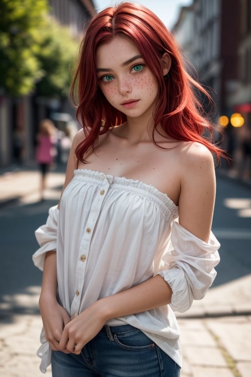 a 16 years old, irish girl, (((16yo))), (((bautiful))), ((lolicon)), beatiful,1girl,  girl, a 16 yeras old Teen Girl, Thin, short, medium breasts, mole next to the left nipple, (((red hair))), (((green eyes))), freckles on the nose. clear skin. Shy, introverted, lover of nature and animals. Dress in a natural and comfortable style, with strapless blouse, jeans, street, blurry background (totale dark background), 1girl, masterpiece, best quality, high resolution, 8K, HDR, bloom, raytracing, detailed shadows, bokeh, depth of field, film photography, film grain, glare, (wind:0.8), detailed hair, beautiful face, beautiful girl, ultra detailed eyes, cinematic lighting, (hyperdetailed:1.15), , little_cute_girl, 1girl), little_cute_girl, 1girl, irish village on halloween. hallowen makeup,