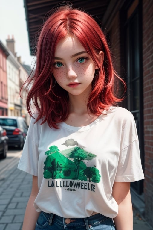 a 16 years old, irish girl, (((16yo))), (((bautiful))), ((lolicon)), beatiful,1girl,  girl, a 16 yeras old Teen Girl, Thin, short, medium breasts, mole next to the left nipple, (((red hair))), (((green eyes))), freckles on the nose. clear skin. Shy, introverted, lover of nature and animals. Dress in a natural and comfortable style, with t-shirts with nature prints, jeans, street, blurry background (totale dark background), 1girl, masterpiece, best quality, high resolution, 8K, HDR, bloom, raytracing, detailed shadows, bokeh, depth of field, film photography, film grain, glare, (wind:0.8), detailed hair, beautiful face, beautiful girl, ultra detailed eyes, cinematic lighting, (hyperdetailed:1.15), , little_cute_girl, 1girl), little_cute_girl, 1girl, irish village on halloween. hallowen makeup,