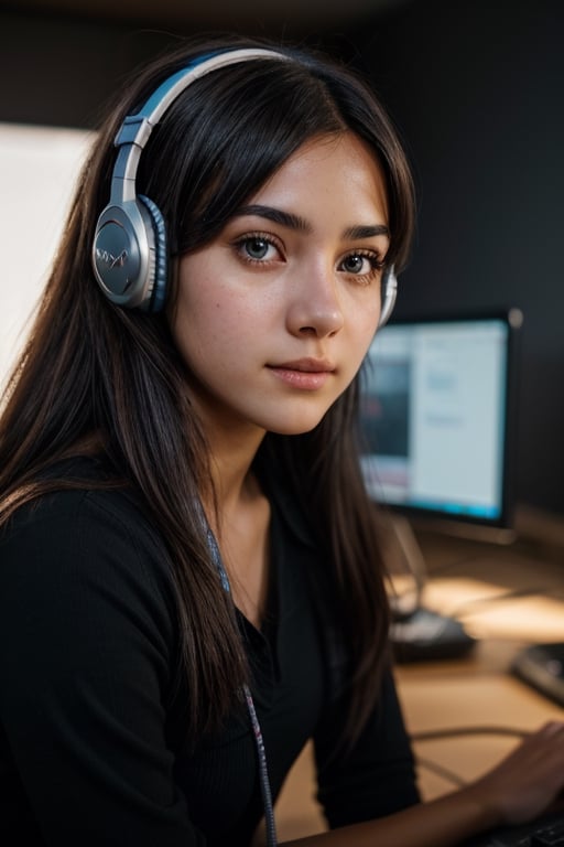 latin girl, Maria Rodriguez, short, brunette, busty, (((a shy))), insecure, 15-year-old technology enthusiast who finds solace in Lily after witnessing the crime. little_cute_girl, 1girl, sitting at her desk operating a gamer pc, headphone, (totale dark background), 1girl, masterpiece, best quality, high resolution, 8K, HDR, bloom, raytracing, detailed shadows, bokeh, depth of field, film photography, film grain, glare, (wind:0.8), detailed hair, beautiful face, beautiful girl, ultra detailed eyes, cinematic lighting, (hyperdetailed:1.15), , little_cute_girl,