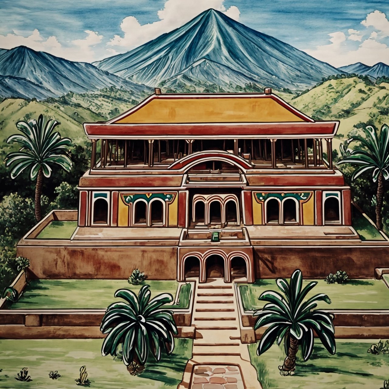 masterpiece, (best quality:1.3), beautiful lightning, vibrant colour, ((isometric view)), grass land, mansion, old mexican hacienda, old mexican hacienda, crude watercolour painting, big brushstrokes, 6 colours, cartoon, Isometric_Setting, house cover