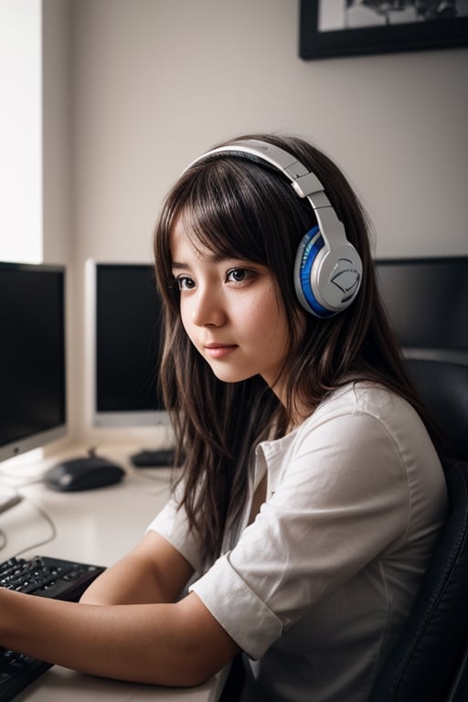 Maria Rodriguez, short, brunette, busty, (((a shy))), insecure, 15-year-old technology enthusiast who finds solace in Lily after witnessing the crime. little_cute_girl, 1girl, sitting at her desk operating a gamer pc, cat headphones, (totale dark background), 1girl, masterpiece, best quality, high resolution, 8K, HDR, bloom, raytracing, detailed shadows, bokeh, depth of field, film photography, film grain, glare, (wind:0.8), detailed hair, beautiful face, beautiful girl, ultra detailed eyes, cinematic lighting, (hyperdetailed:1.15), , little_cute_girl,