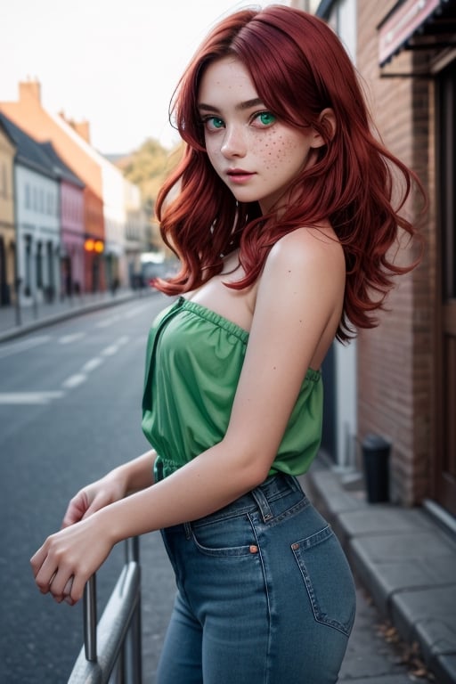 a 16 years old, irish girl, (((16yo))), (((bautiful))), ((lolicon)), beatiful,1girl,  girl, a 16 yeras old Teen Girl, Thin, short, medium breasts, mole next to the left nipple, (((red hair))), (((green eyes))), freckles on the nose. clear skin. Shy, introverted, lover of nature and animals. Dress in a natural and comfortable style, with strapless blouse, jeans, street, blurry background (totale dark background), 1girl, masterpiece, best quality, high resolution, 8K, HDR, bloom, raytracing, detailed shadows, bokeh, depth of field, film photography, film grain, glare, (wind:0.8), detailed hair, beautiful face, beautiful girl, ultra detailed eyes, cinematic lighting, (hyperdetailed:1.15), , little_cute_girl, 1girl), little_cute_girl, 1girl, irish village on halloween. hallowen makeup,