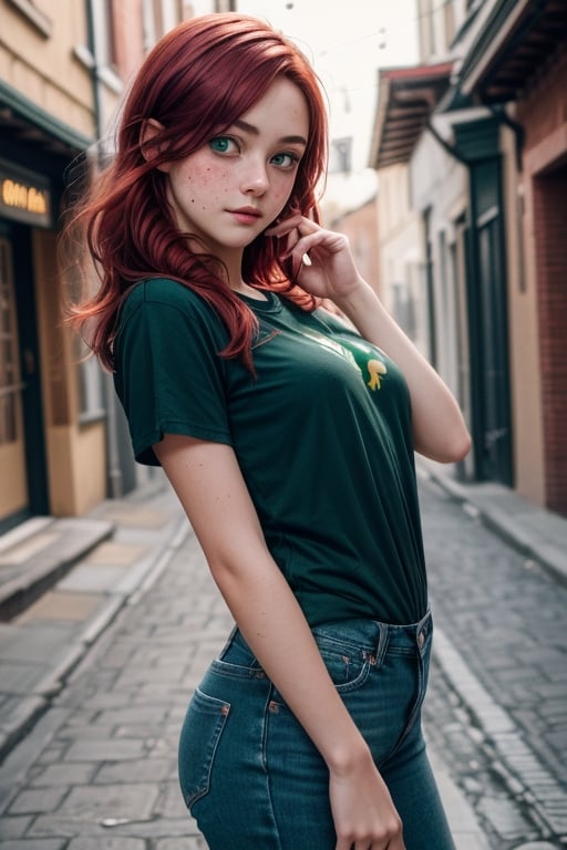 a 16 years old, irish girl, (((16yo))), (((bautiful))), ((lolicon)), beatiful,1girl,  girl, a 16 yeras old Teen Girl, Thin, short, medium breasts, mole next to the left nipple, (((red hair))), (((green eyes))), freckles on the nose. clear skin. Shy, introverted, lover of nature and animals. Dress in a natural and comfortable style, with t-shirts with nature prints, jeans, street, blurry background (totale dark background), 1girl, masterpiece, best quality, high resolution, 8K, HDR, bloom, raytracing, detailed shadows, bokeh, depth of field, film photography, film grain, glare, (wind:0.8), detailed hair, beautiful face, beautiful girl, ultra detailed eyes, cinematic lighting, (hyperdetailed:1.15), , little_cute_girl, 1girl), little_cute_girl, 1girl, irish village on halloween. hallowen makeup,