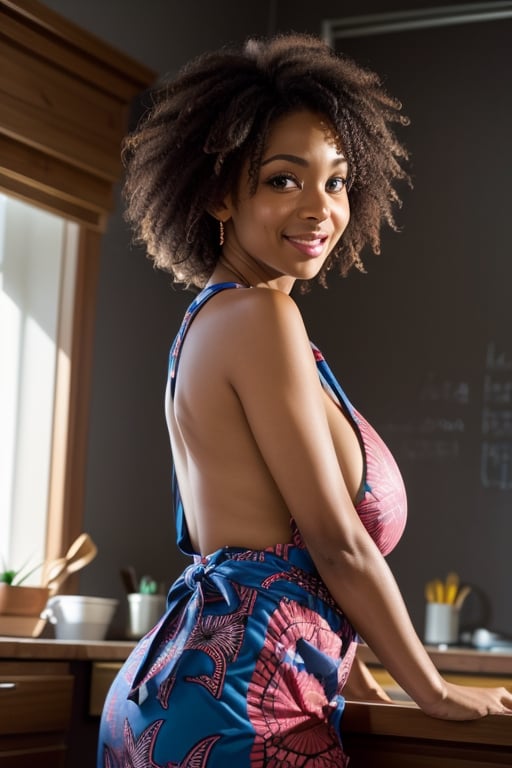 a 35 years old, jamaican mature woman, 1woman, (((35yo))), (((bautiful))), ((milf)), beatiful, a 35 yeras old madure woman, radiates confidence and serenity. (((Afro-descendant))), short, big breasts, saggy breasts, dark nipples, dark skin, her hair curly and dark. Deep brown eyes, friendly and welcoming smile. radiates calm and compassion. wise counselor, always ready to provide support to those around her. Dress in comfortable clothes, African style. She often uses vibrant colors and bold prints, combined with handcrafted accessories that tell stories about her family. Wear a kitchen apron (totale dark background),  1girl,  masterpiece,  best quality,  high resolution,  8K,  HDR,  bloom,  raytracing,  detailed shadows,  bokeh,  depth of field,  film photography,  film grain,  glare,  (wind:0.8),  detailed hair,  beautiful face,  beautiful girl,  ultra detailed eyes,  cinematic lighting,  (hyperdetailed:1.15),  ,  little_cute_girl,  1girl, in office,sagging breasts