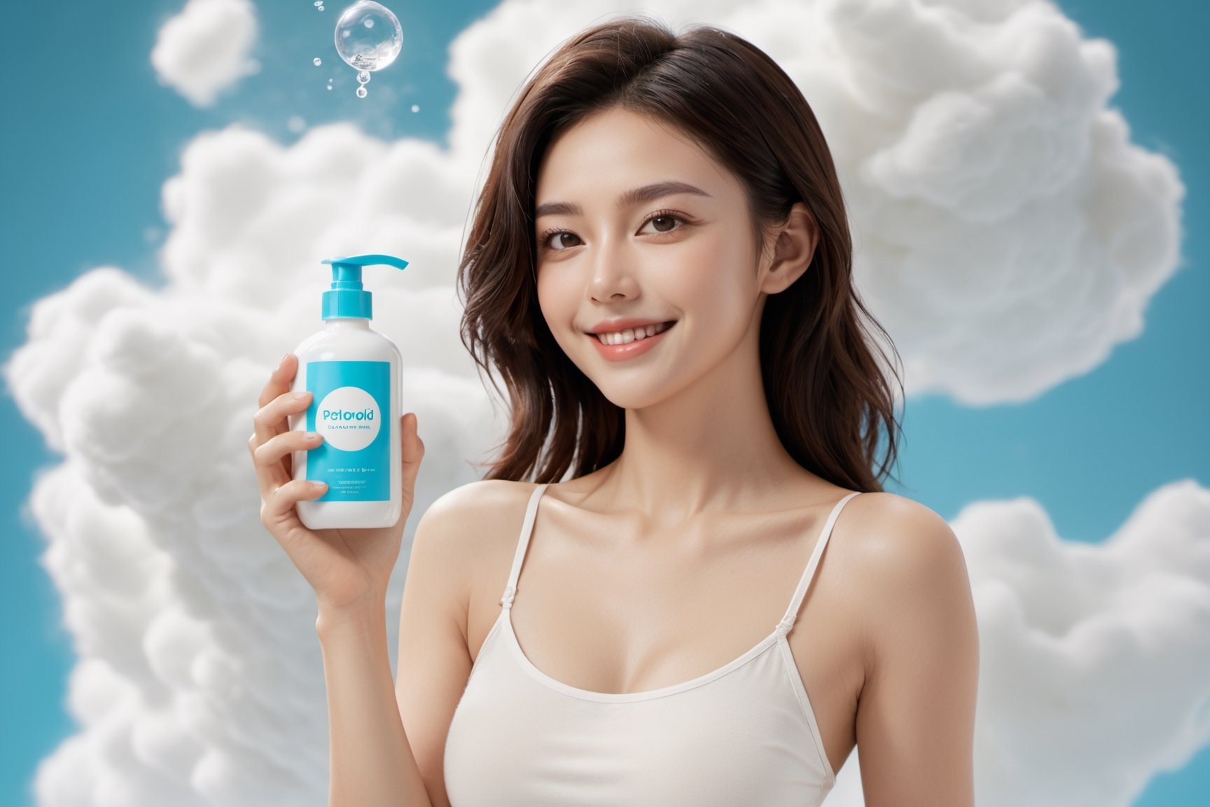 xxmix_girl,hand wash liquid small bottle
commercials,Botol produk perawatan kulit,smile,polaroid,film, white yoga clothes,graininess,smile,In the bathroom, beautiful vanity,wash hand pose, cotton clouds,3d style,3d toon style,