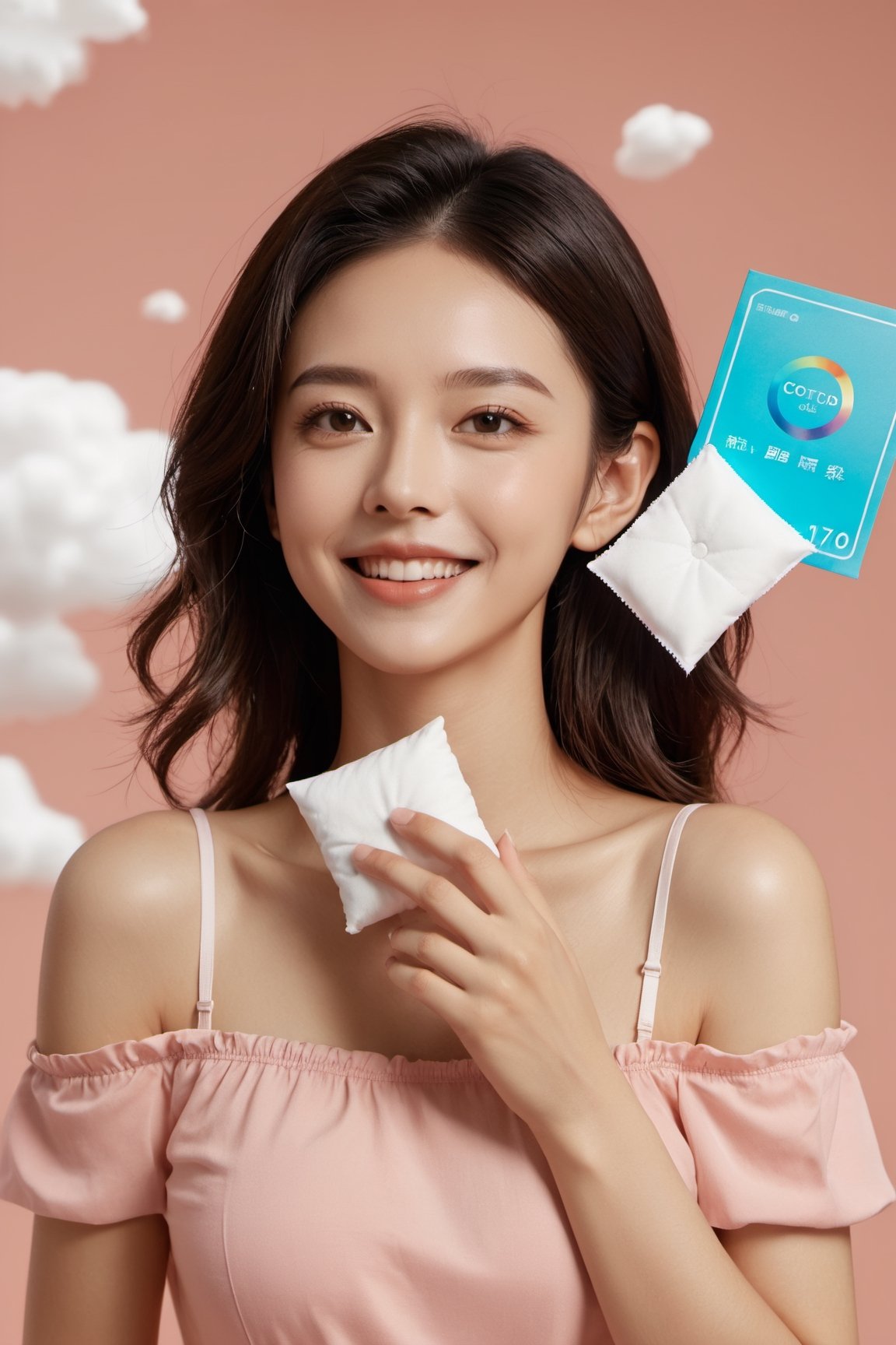 xxmix_girl,sanitary napkin commercials,smile,polaroid,film, graininess,smile,hand put on the table,pure color background, cotton clouds,3d style,3d toon style