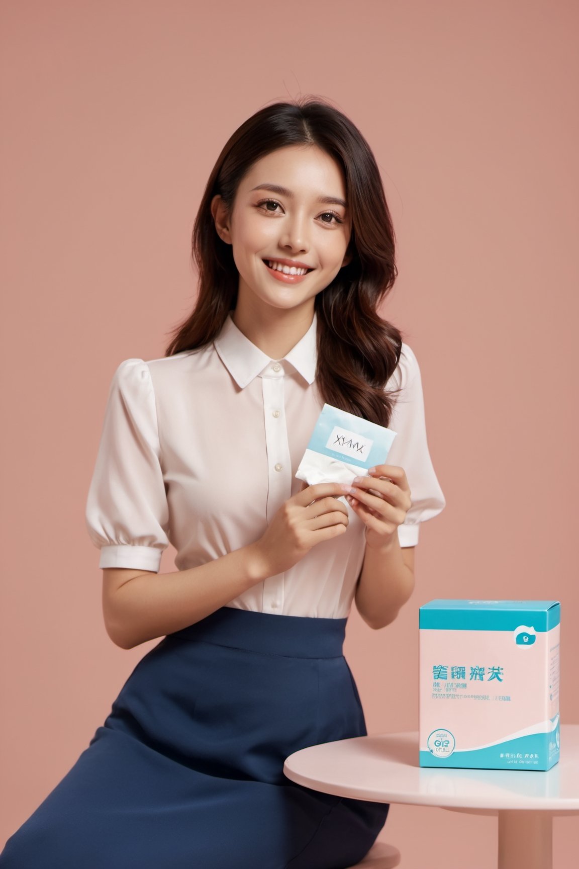 xxmix_girl,sanitary napkin commercials,smile,polaroid,film, graininess,smile,hand put on the table,pure color background, cotton clouds,3d style,3d toon style