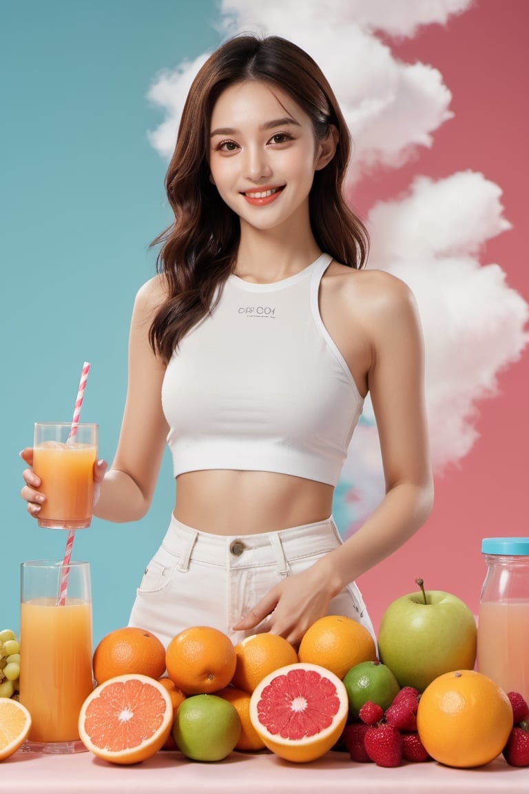 xxmix_girl,fruit drinks commercials,smile,polaroid,film, white yoga clothes,graininess,smile,hand put on the table,pure color background, cotton clouds,3d style,3d toon style