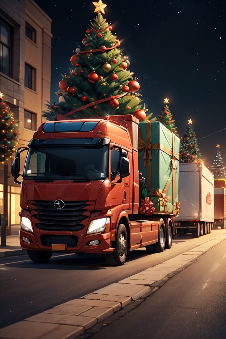 A truck filled with Christmas gifts, lovely lighting on a street and suburb, Christmas trees,