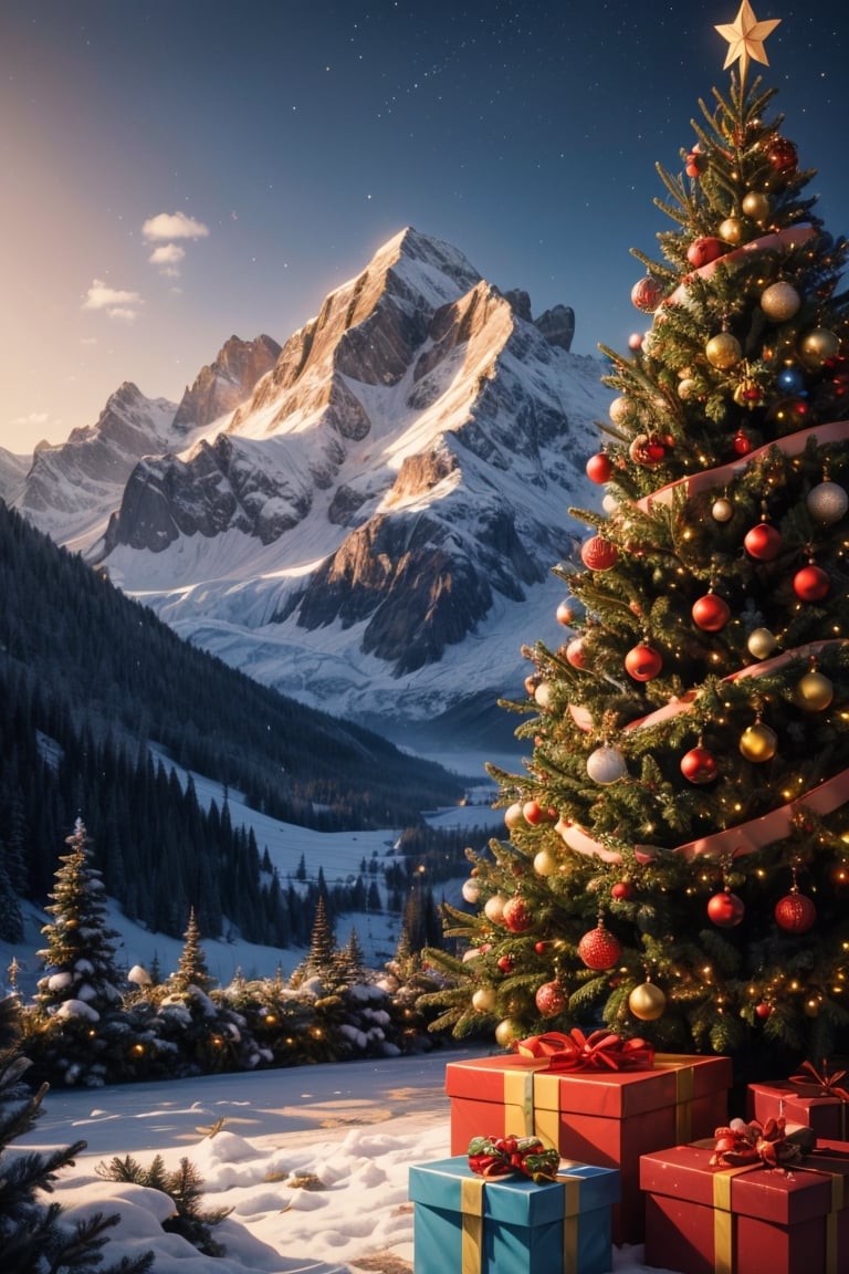 A enchanted beautiful christmas tree far on the mountains, landscape. a lot of flowers, a lot of gifts, crowed area, Santa claus admiring view