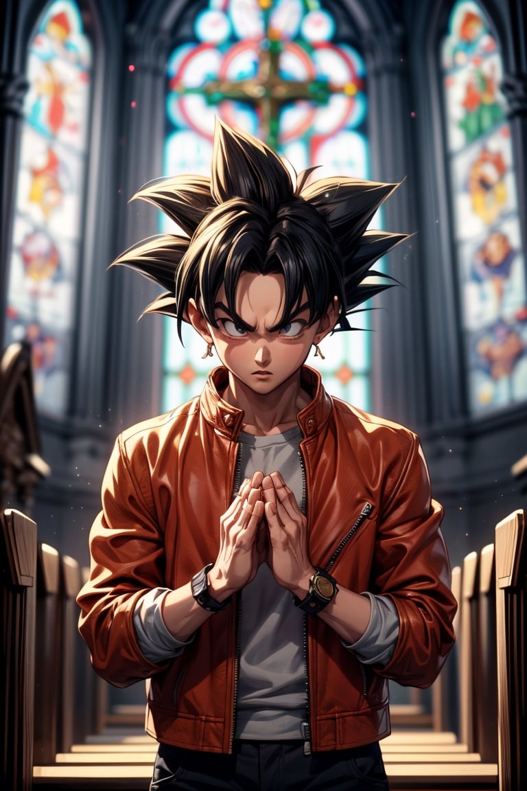 Goku, Praying in a Church, anime, anime style, extremely detailed, Christmas decoration, wearing leather jacket