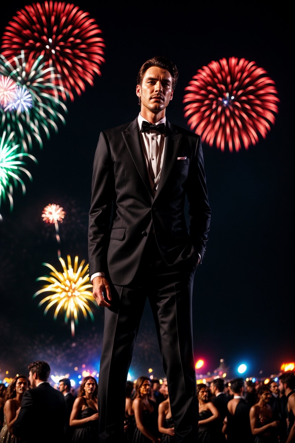 A man, wearing classic dark suit, posing, in a outdoor festival party , fireworks in the sky, nighttime, fantastic, fantasy, flamboyance,  absurdres, sharp focus,Movie Still,photorealistic