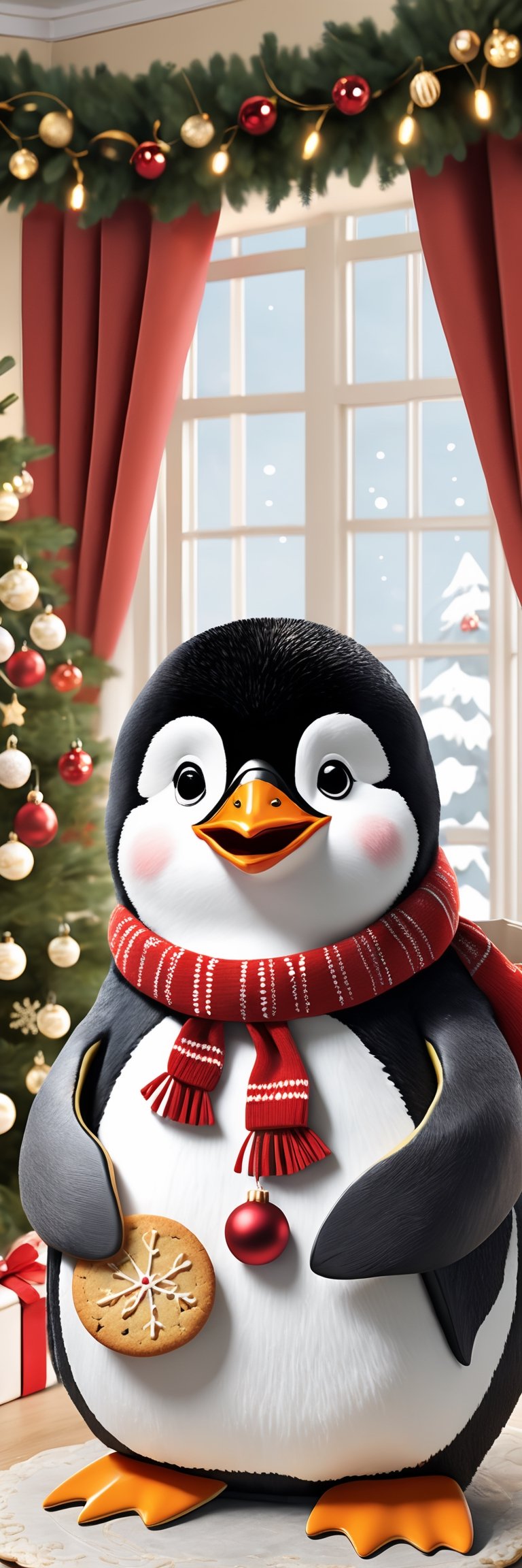 Generate a heartwarming digital illustration of a penguin in a cozy Christmas-themed room, indulging in cookies. The room should be festively decorated with twinkling lights, a Christmas tree, and stockings hanging by the fireplace. Picture the penguin comfortably seated in a plush chair or nestled in a corner, holding a plate of cookies in its flippers. Capture the joyous atmosphere of the holiday season, with the penguin's adorable delight evident as it enjoys the festive treats. Ensure the room exudes warmth and holiday charm, making the viewer feel the coziness of the Christmas moment,more detail XL,photo r3al