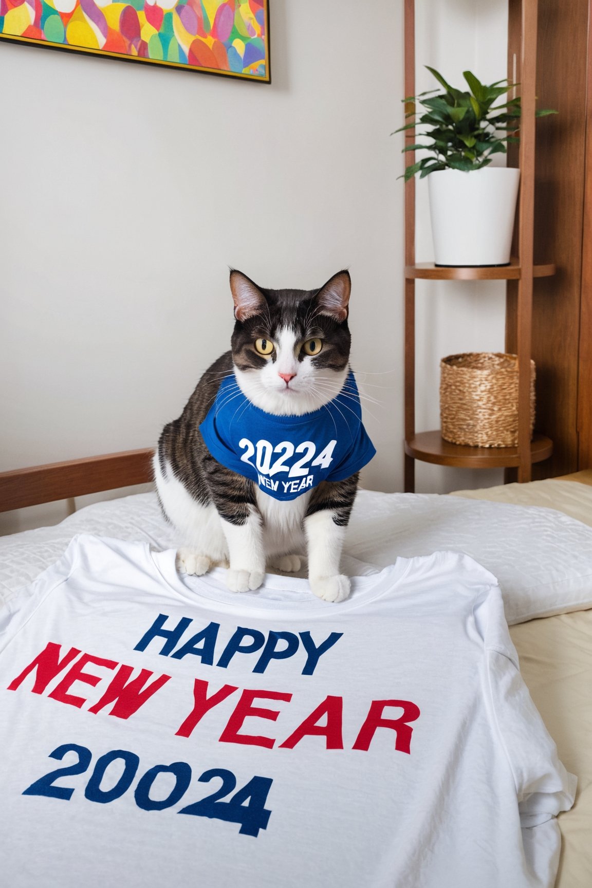 a cat wearing a tshirt which says  "Happy New Year 2024", In a bedroom, playing games