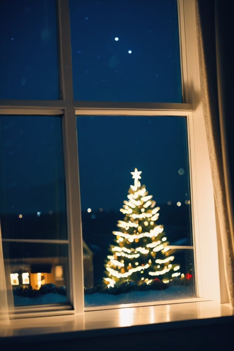 trought a window, landscape, a (christmas tree:1.2) at the distance, night time, 8k, professional photography, Olympus OM1 sharp focus, f 3.4, melancholic mood,photo r3al