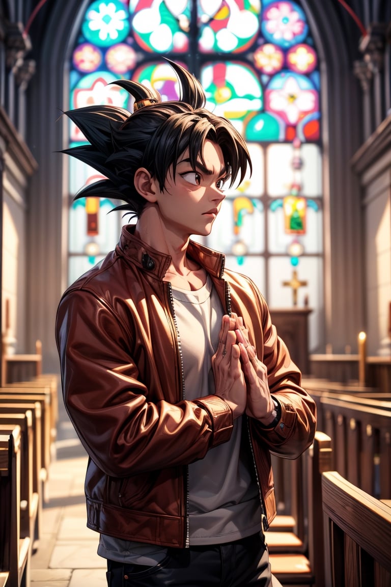 Goku, Praying in a Church, anime, anime style, extremely detailed, Christmas decoration, wearing leather jacket, Christmas tree