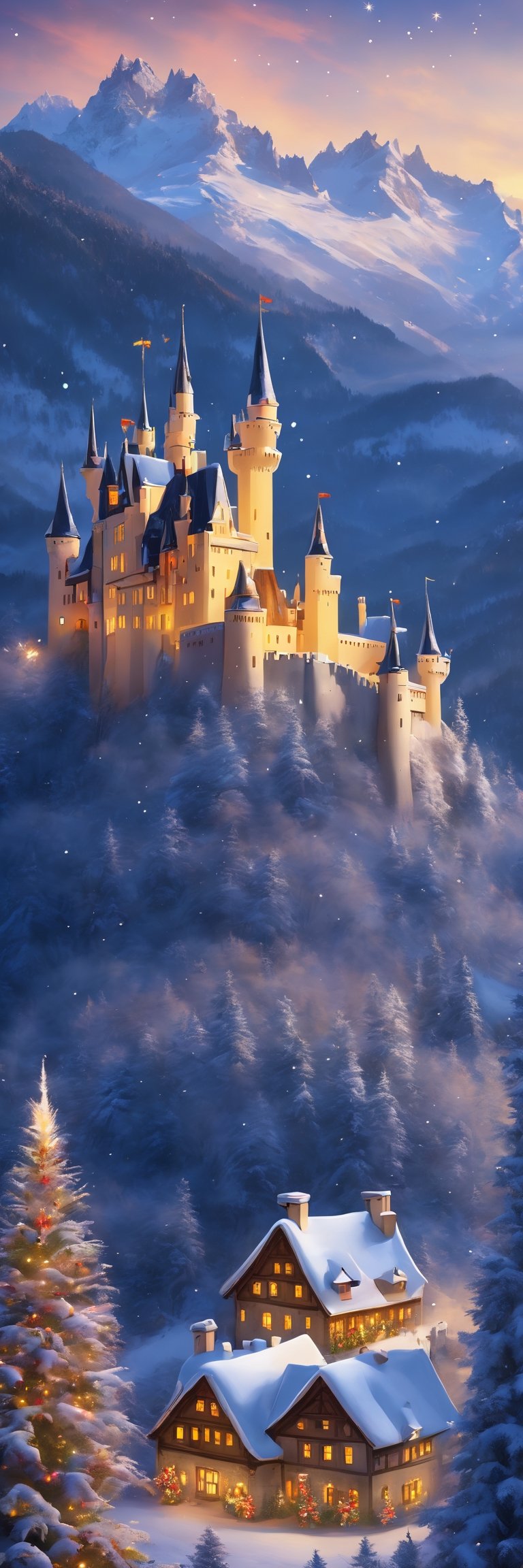 a beautiful castle visible far away, magical Christmas tree, landscape, mountains, christmas decoration, beautiful fireworks