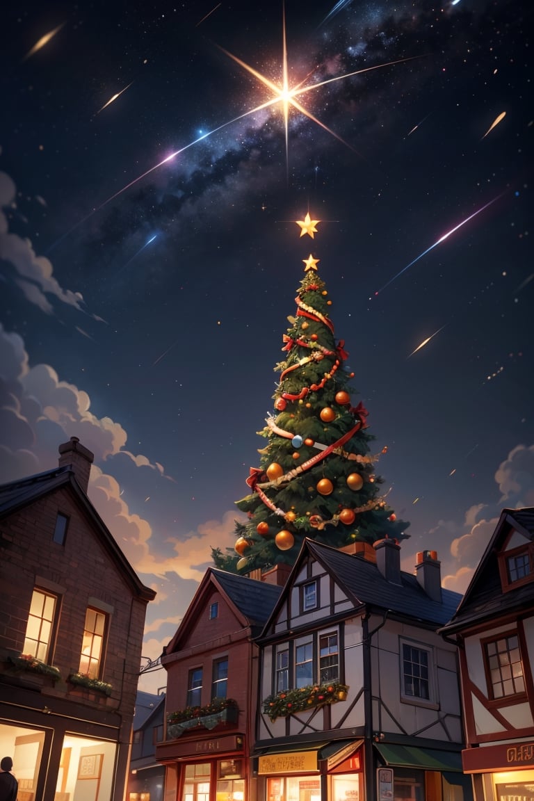 A lot of people are happy and looking up in the sky, Christmas box are falling from sky, lovely town, 