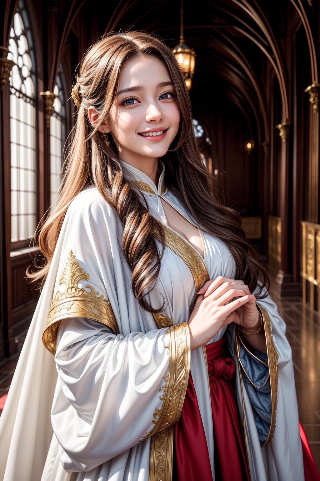 High quality, masterpiece, great detailed, perfect face, clean emotions! Clear eyes, medieval, dramatic lighting, girl with curly long messy brown hair and blue eyes in white holy knight clothes and red robe is smiling brightly!!!! Bright smile!!! So happy! In banquet hall, view from profile! From profile!!