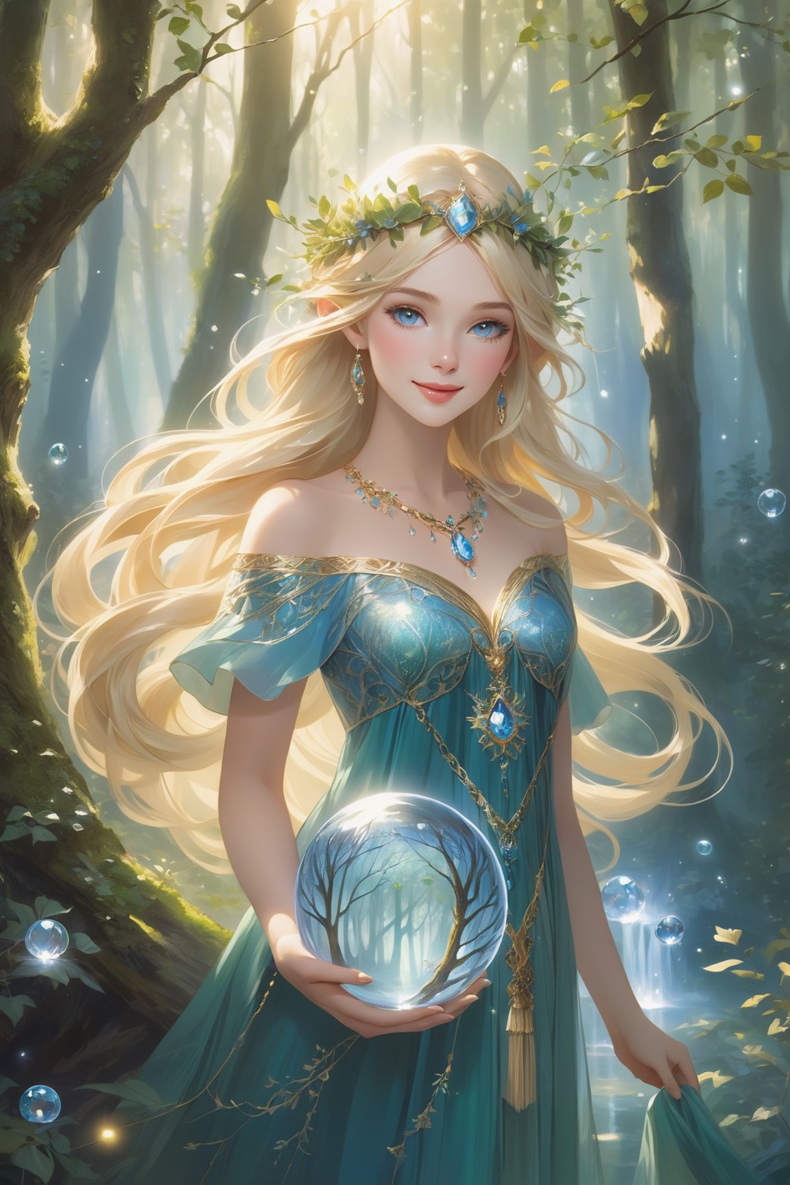 "In a realm of enchantment, a radiant elven woman stands amidst the ethereal beauty of a magical forest. Her porcelain skin seems to catch the very light that filters through the ancient trees, highlighting delicate features and a sense of timeless elegance. Clad in intricately woven garments that mirror the flora around her, she holds a staff crowned with a brilliant crystal, exuding an aura of mystic power. Her blonde hair cascades like liquid gold, framing a face adorned with a subtle touch of makeup that enhances her natural allure. Her eyes, a captivating shade of glowing blue, hold a depth of wisdom and curiosity, while her lips are poised in a gentle, enchanting smile that seems to invite the wonders of the forest to share in her presence." Full body, Harem outfit, using water magic, water ball magic, sparkle water ball