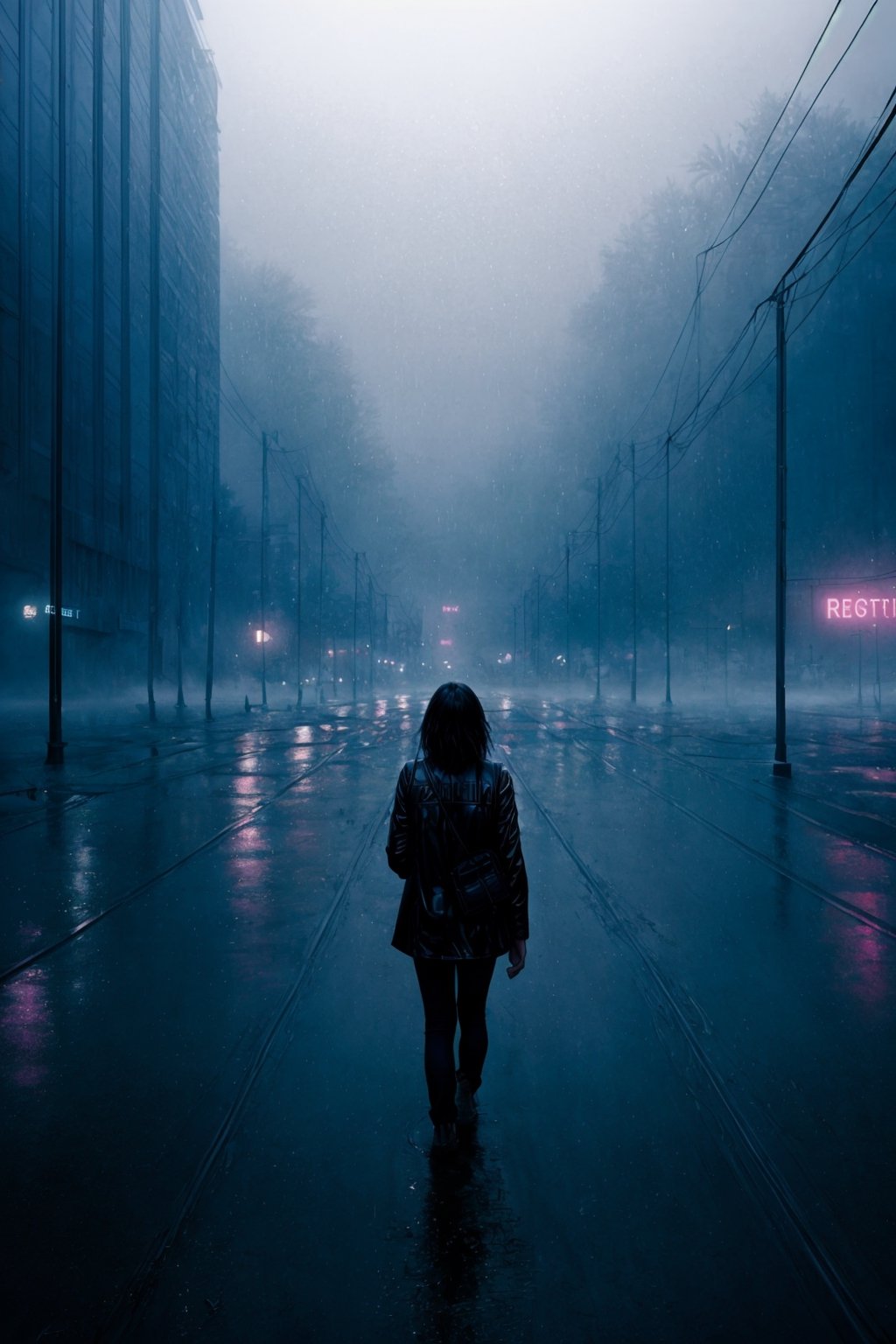 Beautiful girl walking amidst thick fog in the city    Estilo Hiperrealista / Hyperrealistic style    Refik Anadol 
ground with puddles

