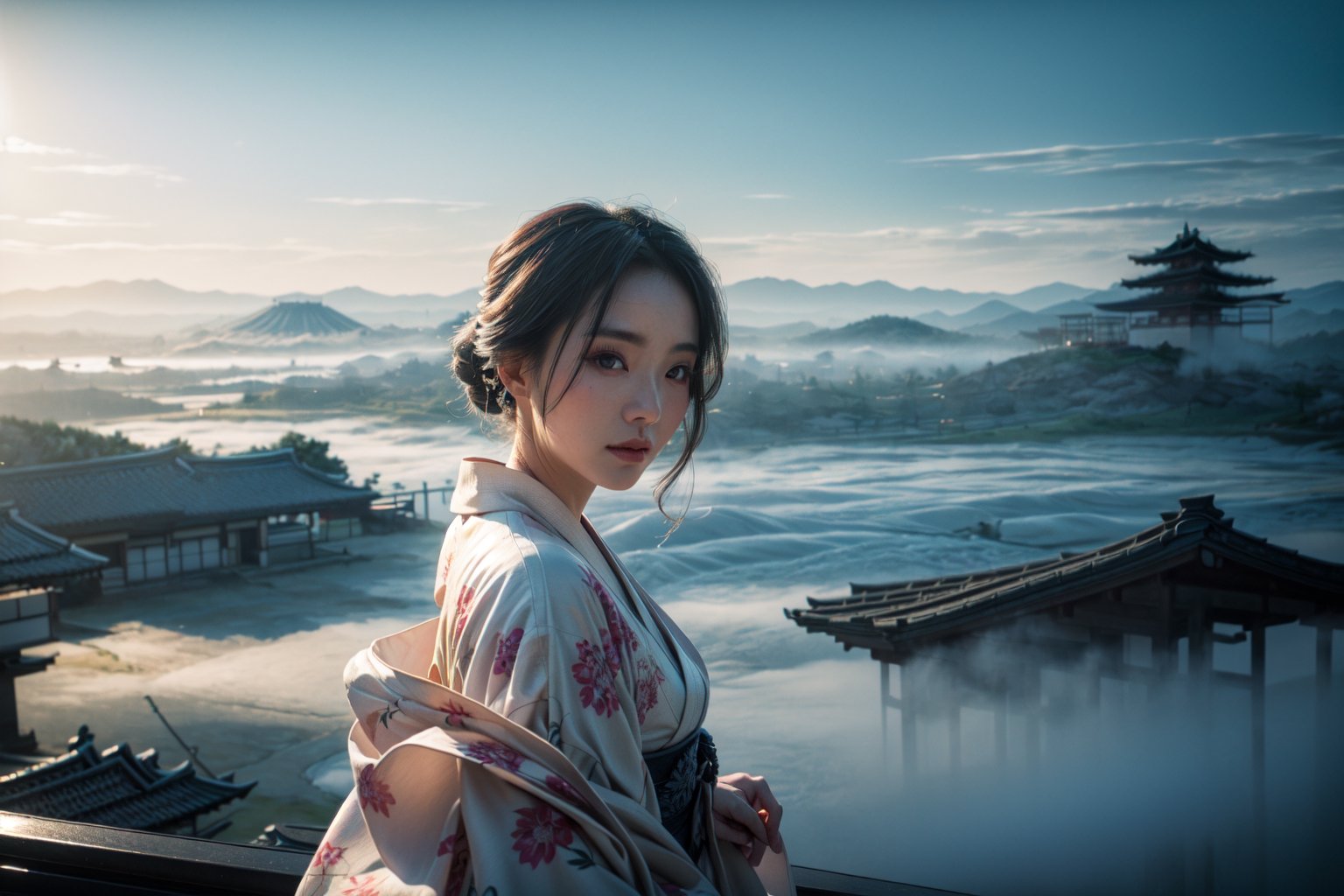 A award winning photography of a beautiful woman, she is wearing a elegant white kimono with insane detailed patterns, she posing on the side,  looking at far distance above, in the background the are mist surrounding the futuristic Japanese city, the time is midnight, futuristic building that contrasting with her kimono,High detailed,(dynamic pose), 