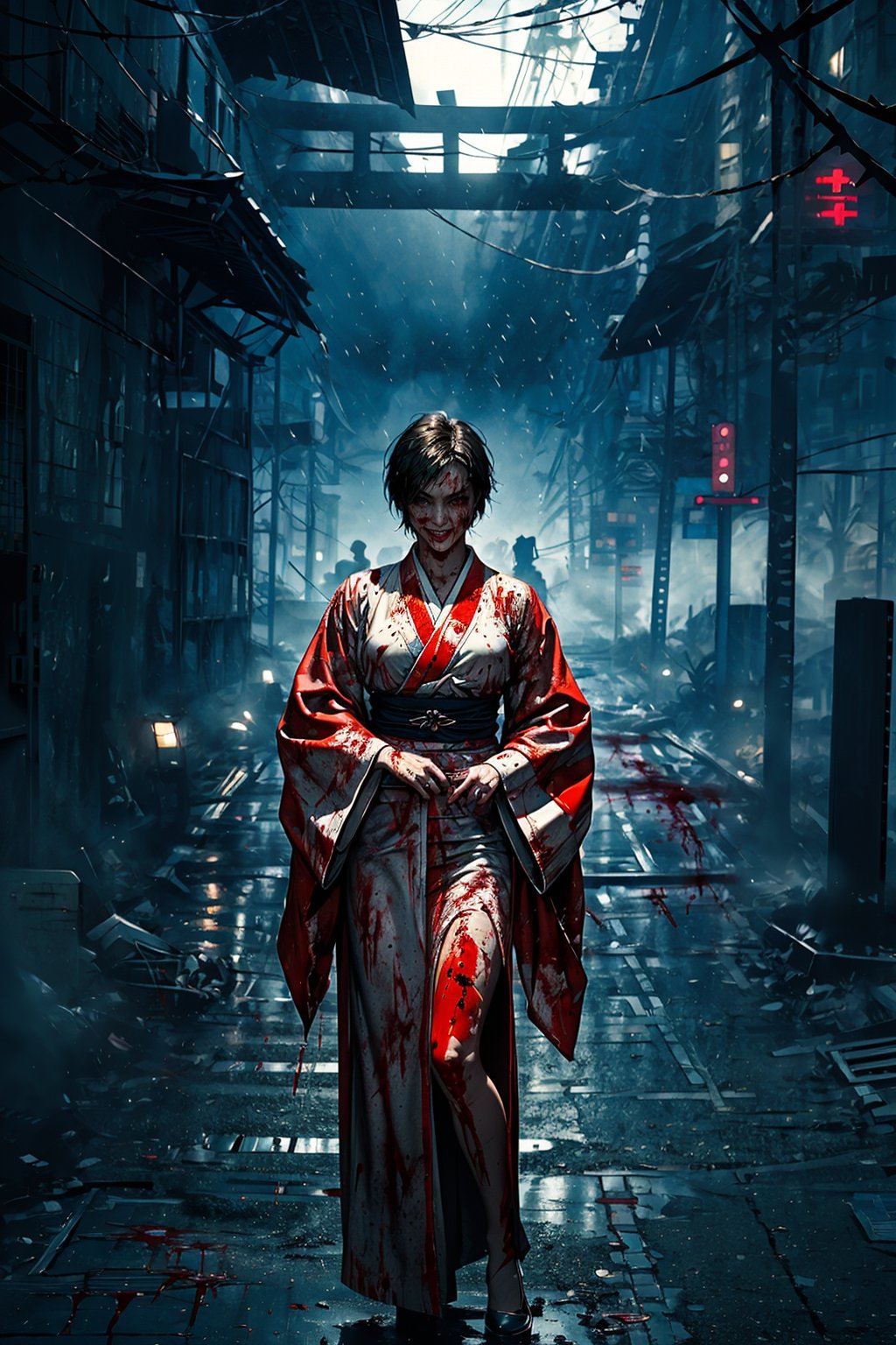 A medium shot photography of a beautiful woman, she is 175cm tall, big breast, slim_waist, curve hips, she is wearing a elegant white kimono, a lot of blood on her kimono and blood all over her body, she posing on the side,  looking at far distanceabove, she got evil smile, in the background the are mist surrounding the old Japanese building, there are no light in surrounding area, the time is midnight, it very hard to see the surrounding area,blood,1,(blood on Body:1.5), (evil smile:1),(wet body),night time,dark,dark shot,(silent hill:1.5) (everything covered in blood:1),midjourney