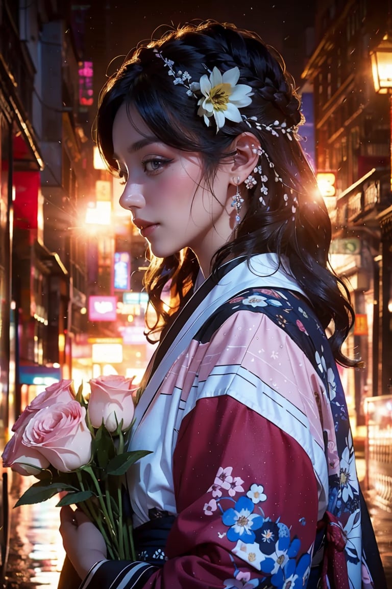 Vibrant portrayal of a young lady gracefully holding a bouquet of fresh flowers, natural lighting, candid moment captured, pastel hues, genuine expression, outdoor photography, Nikon D850, soft and dreamy atmosphere, close up, kimono, curly_hair, front-view, black-hair, colourful, long_hair, sexy,starry