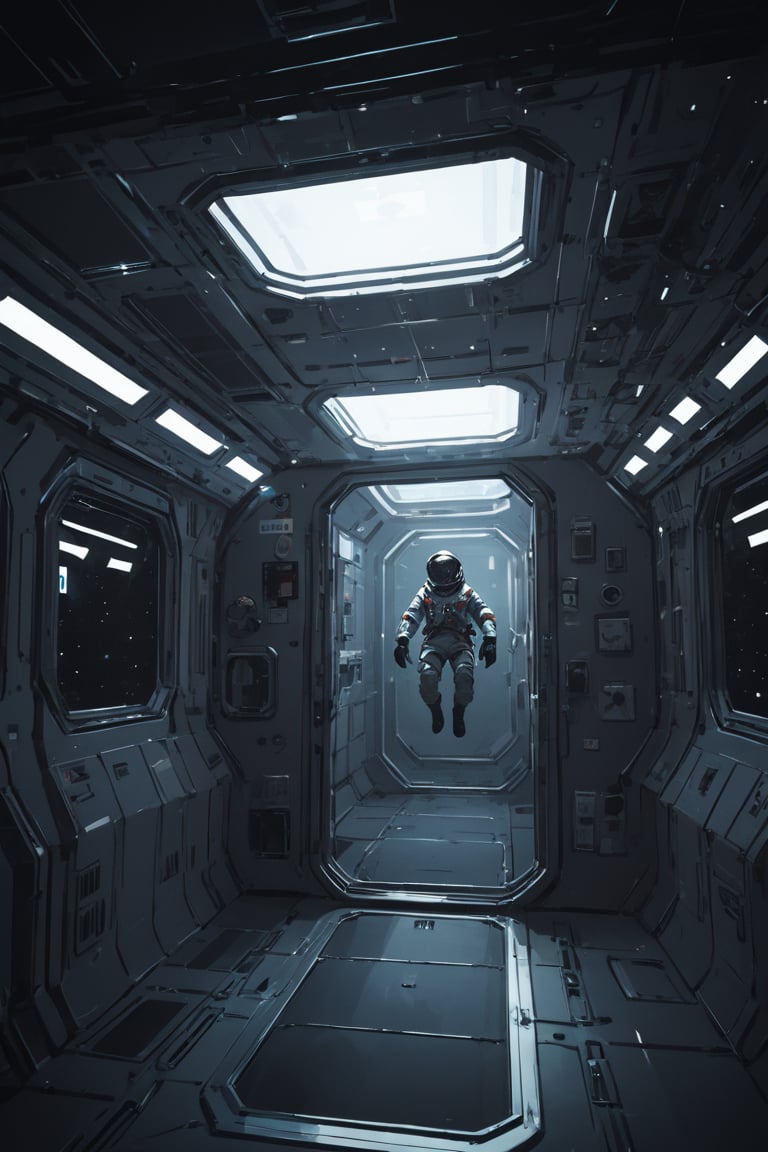 floating in the space station, fiction, extreme detail, dark light, cinematic 