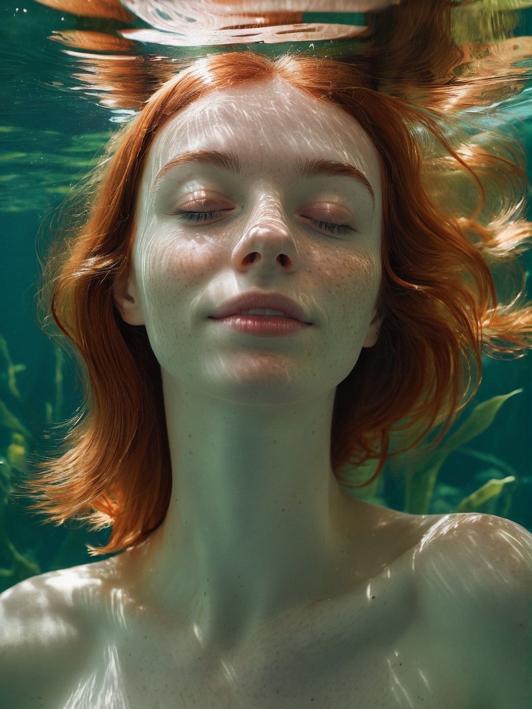 photo r3al, best quality, adult female, relaxed, copper hair, (freckles on bridge of nose:0.3), underwater, photorealistic, ultra realistic, (small breasts), upper body, realistic eyes, (sea plants:0.5), (bubbles:0.5), nude, naked, nsfw, upper body, skinny, waves, swimming, (closed mouth), detailed face, (((closed eyes))), happy, floating hair