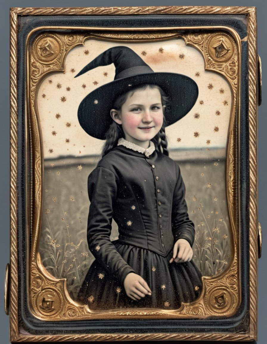 cute young witch in a field of tiny fireflies, highly detailed, happy, pointed black hat, antique image, frame, dagtime