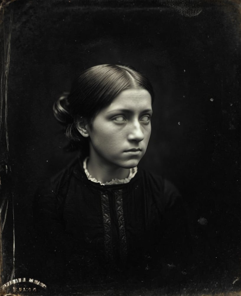 tintype photograph of a young woman, (sepia:0.7), highly detailed, shallow depth of field focus on face, glowing eyes, white eyes, whiteeyes