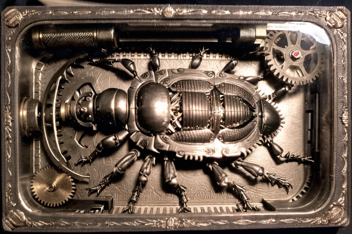 daguerreotype photograph of (hybrid:1.10) (detailed intricate mechanical clockwork parts:1.2) (insect beetle:0.95), (merge:1.1) | crawling |ornate border | photographic, realism pushed to extreme, fine texture, incredibly lifelike, cinematic, large format camera, photo realism, ultra-detailed, high quality,dagtime