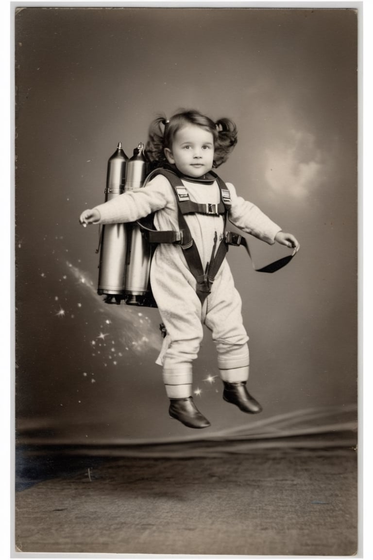 little girl with a big jetpack, flying in the sky, 