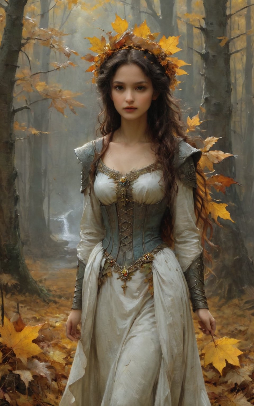 The autumn bride. A beautiful woman dressed in the colors of autumn, yellow, brown and rust-colored leaves. A Epic art Illustration by Jean-Baptiste Monge and Alan Lee paint style, created a award-winning painting with incredible details. Superior and unique Fantasy Art paint illustrations, stunning fantasy scene features, center the scene, crisp quality, sharp focus, old clotes, forest, medieval, old metal, rust, fine art, beautiful, awesome fantasy,  intricate, sharp focus, fairytale illustration, highly detailed, digital art, concept art, epic movie 8k, epic pose, posters. Unreal engine 5 rendering 4k., black and white still, digital Art, perfect composition, beautiful detailed intricate insanely detailed octane render trending on artstation, 8 k artistic photography, photorealistic concept art, soft natural volumetric cinematic perfect light, chiaroscuro, award - winning photograph, masterpiece, oil on canvas, raphael, caravaggio, greg rutkowski, beeple, beksinski, giger